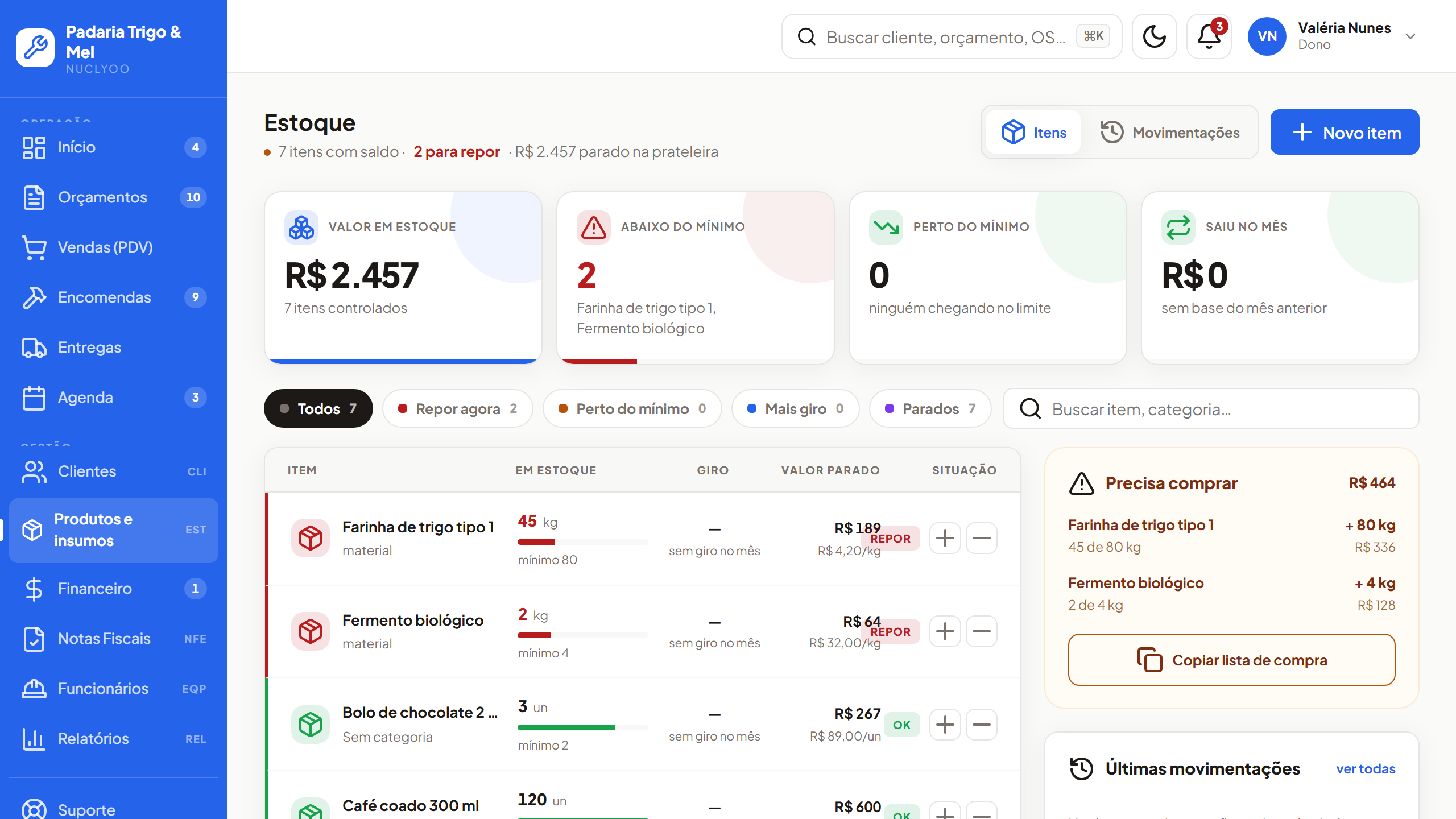 Tela de estoque do Nuclyoo com produtos e alerta de estoque baixo