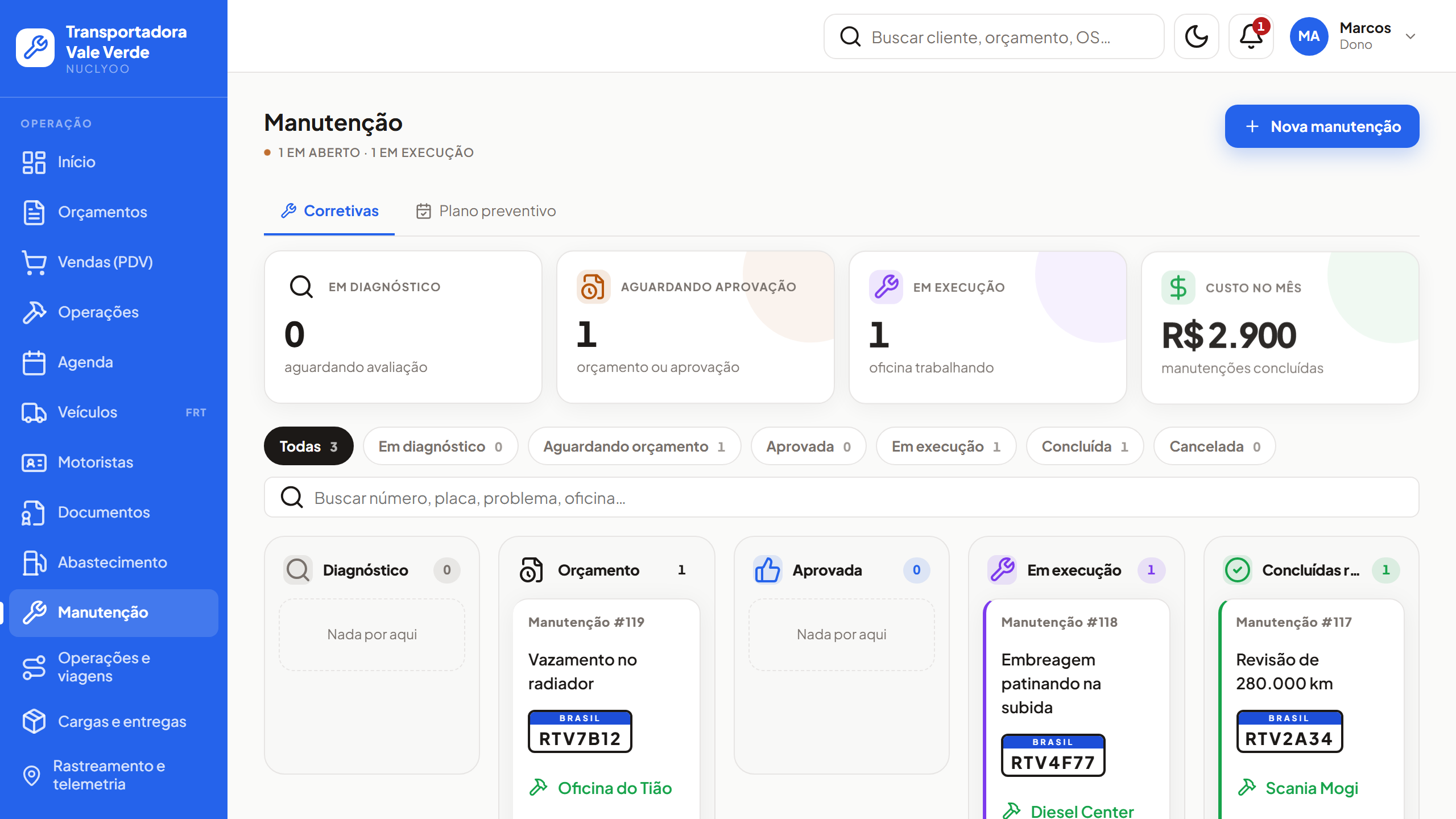 Painel de manutenção da frota no Nuclyoo
