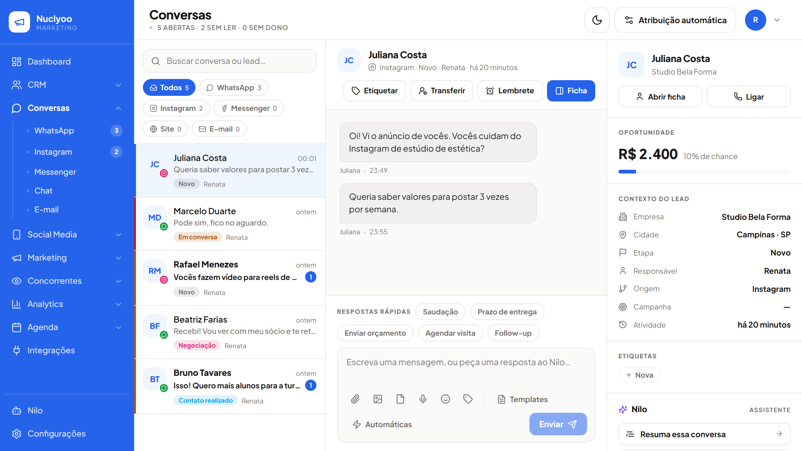 Central de conversas do Nuclyoo com a conversa do Instagram ao lado da ficha do lead