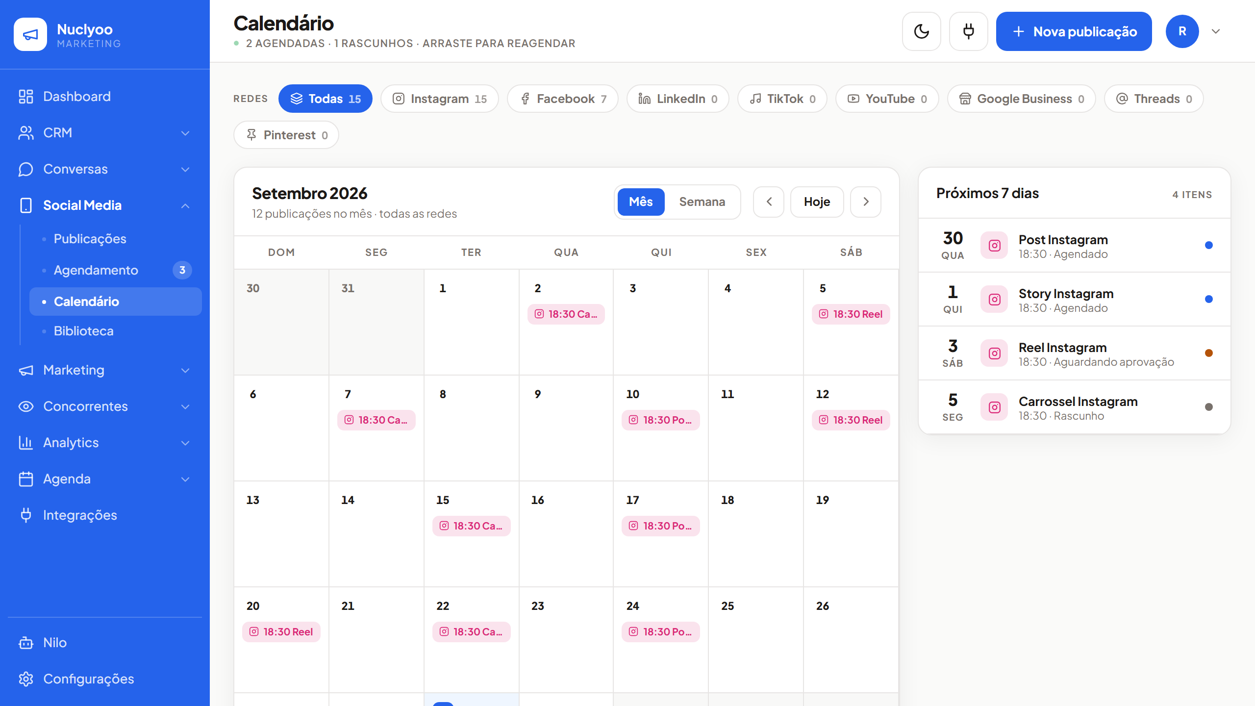Calendário de publicações do Nuclyoo com os posts do mês e os próximos sete dias