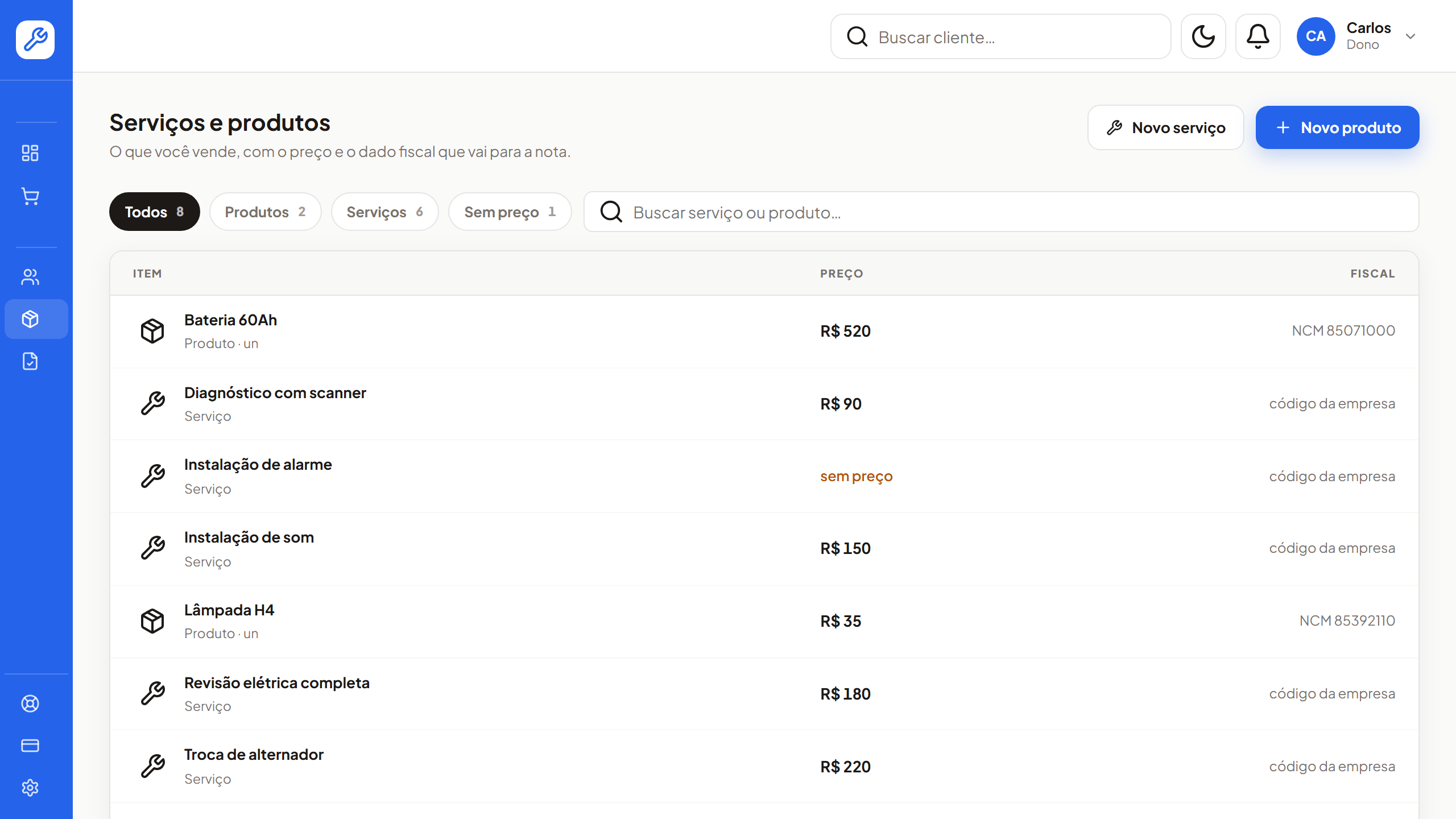 Catálogo de serviços e produtos do Nuclyoo Nota, com preço e dado fiscal de cada item
