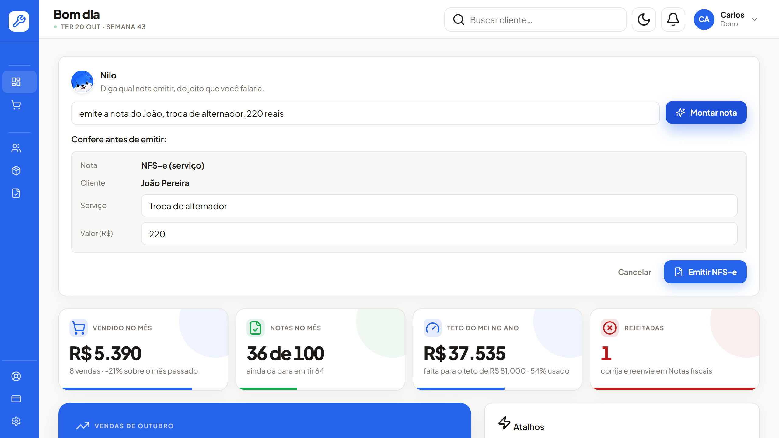 Início do Nuclyoo Nota, com o Nilo montando uma nota de serviço a partir de uma frase