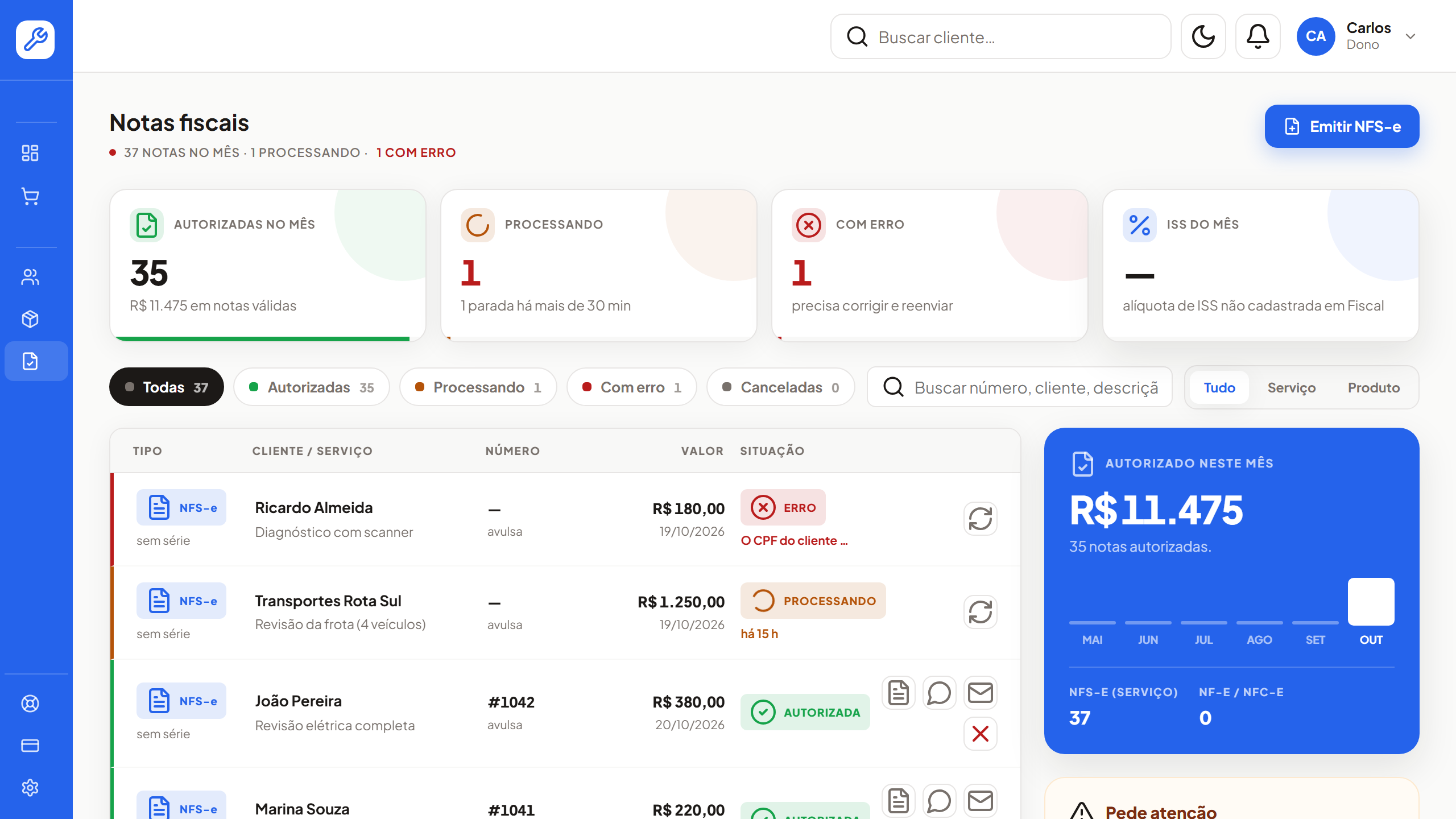 Lista de notas fiscais do Nuclyoo Nota, com notas autorizadas, uma processando e uma recusada com o motivo em português