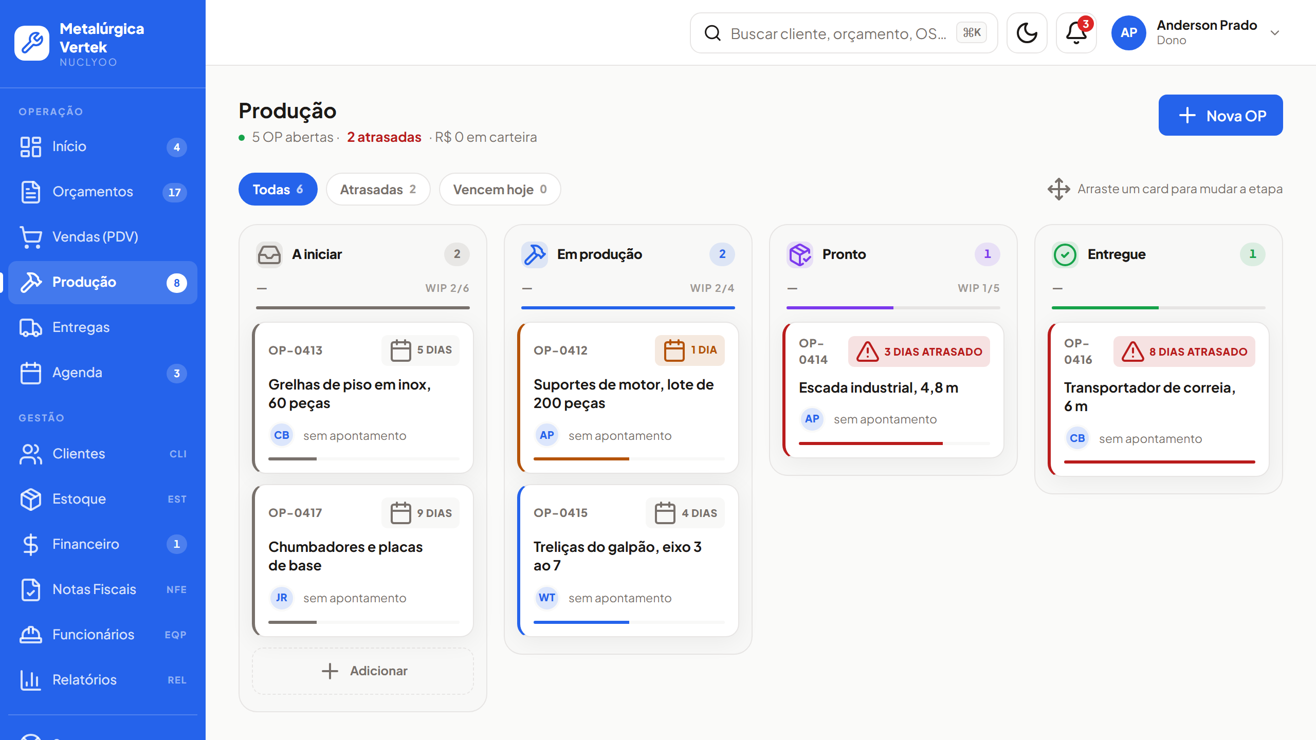 Quadro de ordens de produção do Nuclyoo, com os lotes separados entre a iniciar, em produção, pronto e entregue