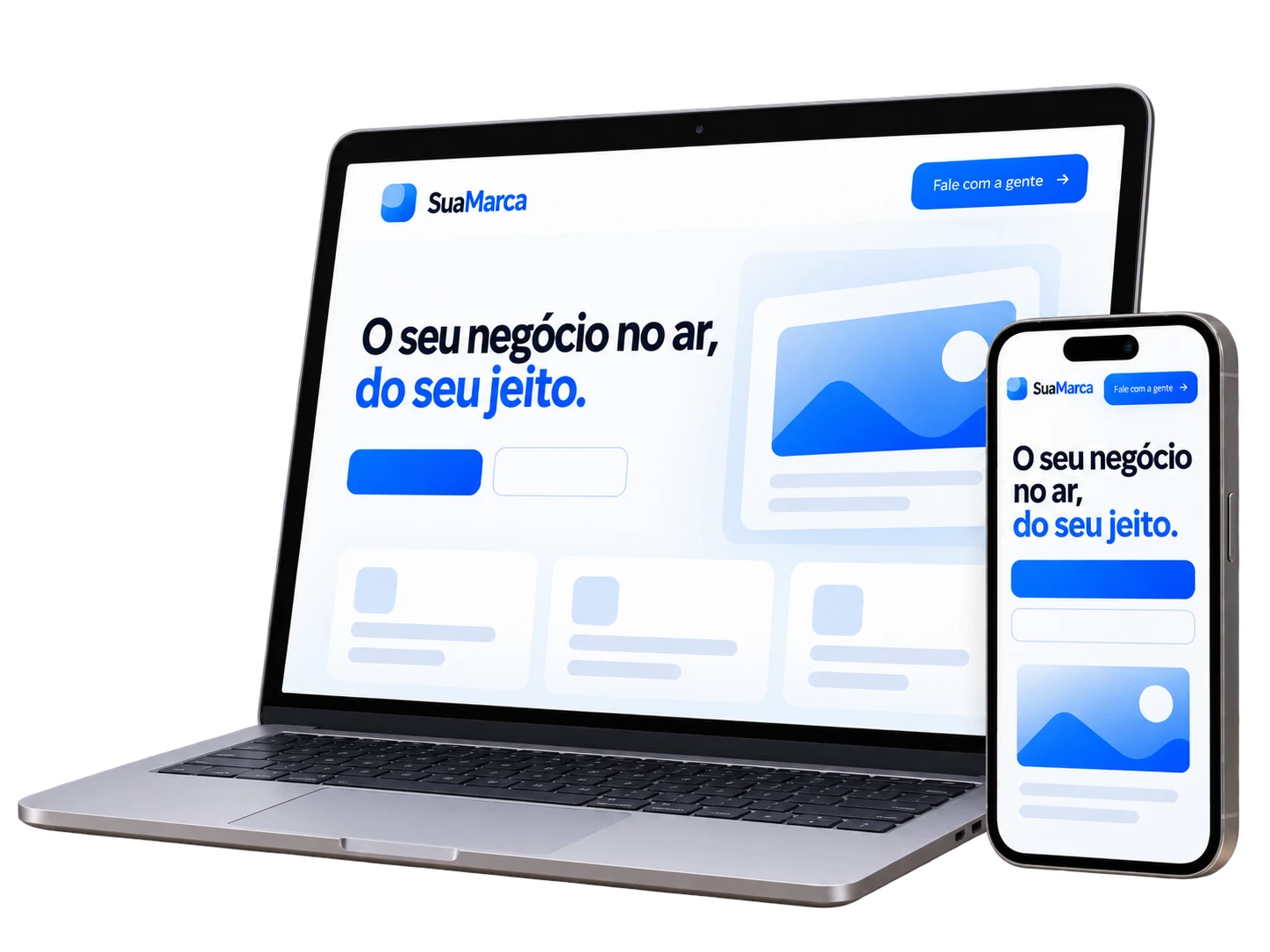 Site de exemplo aberto num notebook e num celular